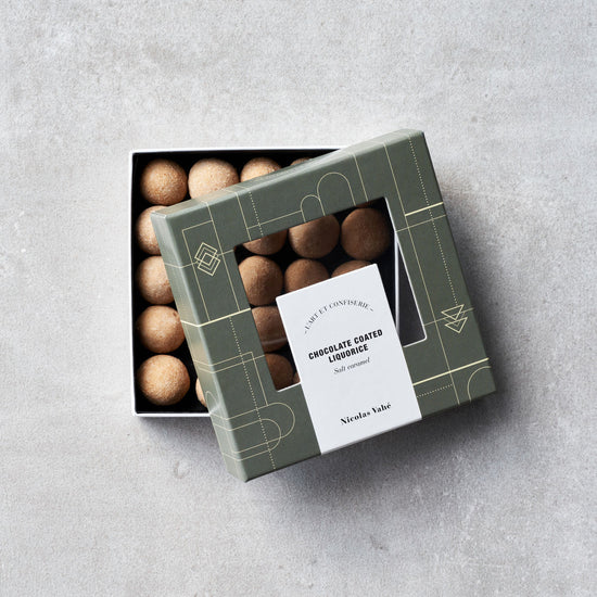 Chocolate coated liquorice, salt caramel