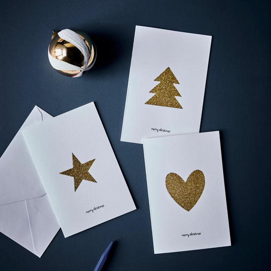 Greeting card, HDGlitr w. envelope, White, Golden