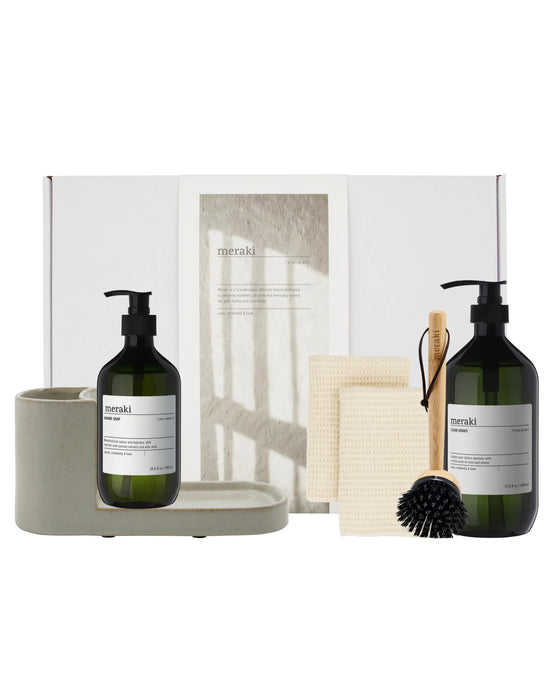 Gift box, grey holder + nature brush + anti-odour hand soap, forest garden dish wash, 490|1000 ml|ml