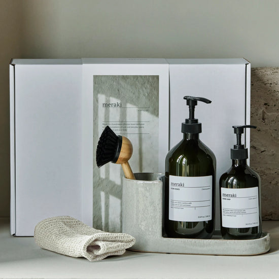 Gift box, grey holder + nature brush + anti-odour hand soap, forest garden dish wash, 490|1000 ml|ml